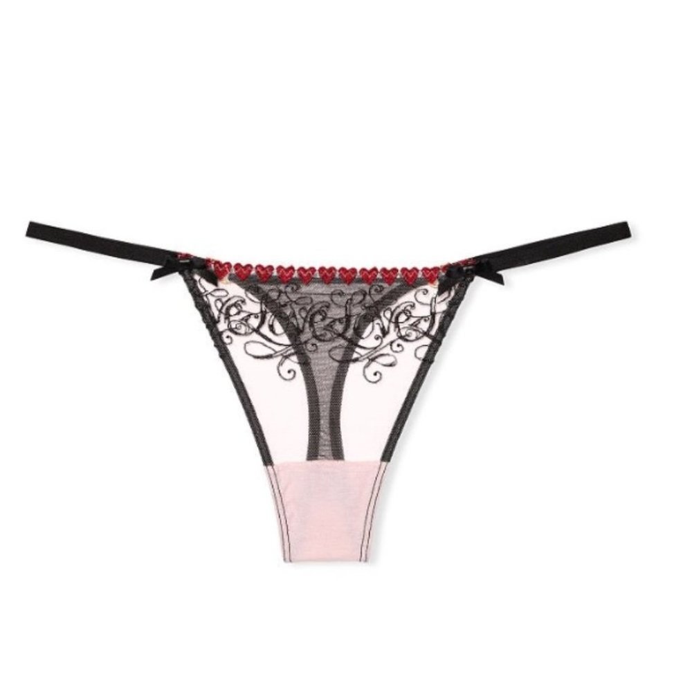New VS VERY SEXY Heart Embroidered Adjustable Thong Small V-String Mesh Lace